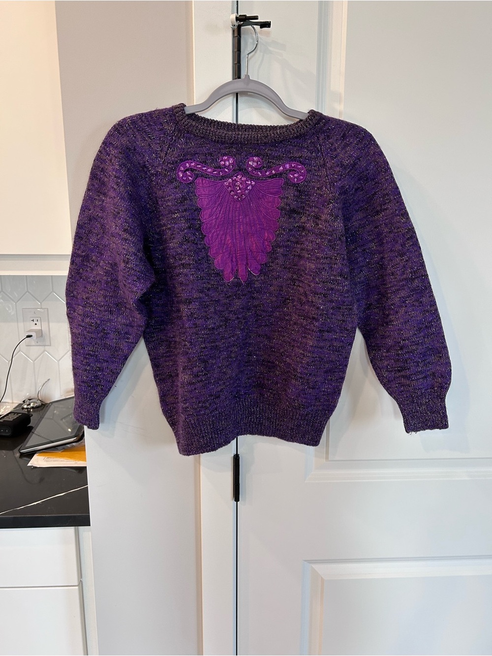 Vintage Heathered Sparkly Purple Wool Blend Embellished Knit Sweater Artsy